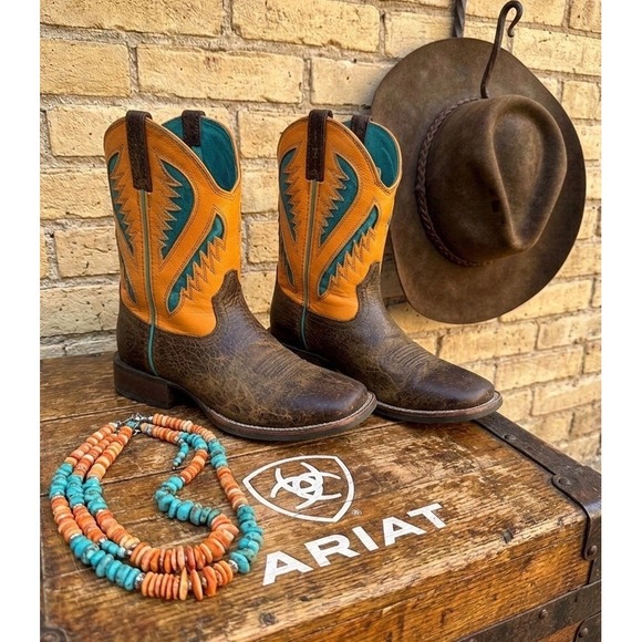 🔥Ariat Hybrid🧡💙🧡cowgirl Boots Orange Turquoise Western Boho Festival🚨RARE 6